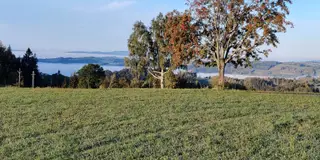 Výhled od chaty do údolí s mlhou